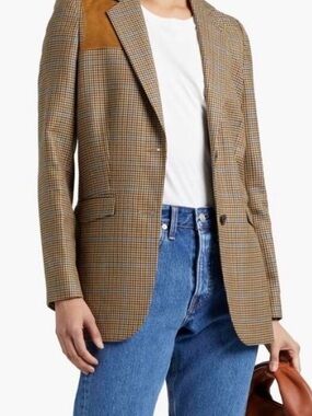 Purdey Tan & Blue Glen Plaid Blazer with Suede Shoulder Patch Women’s Size 12